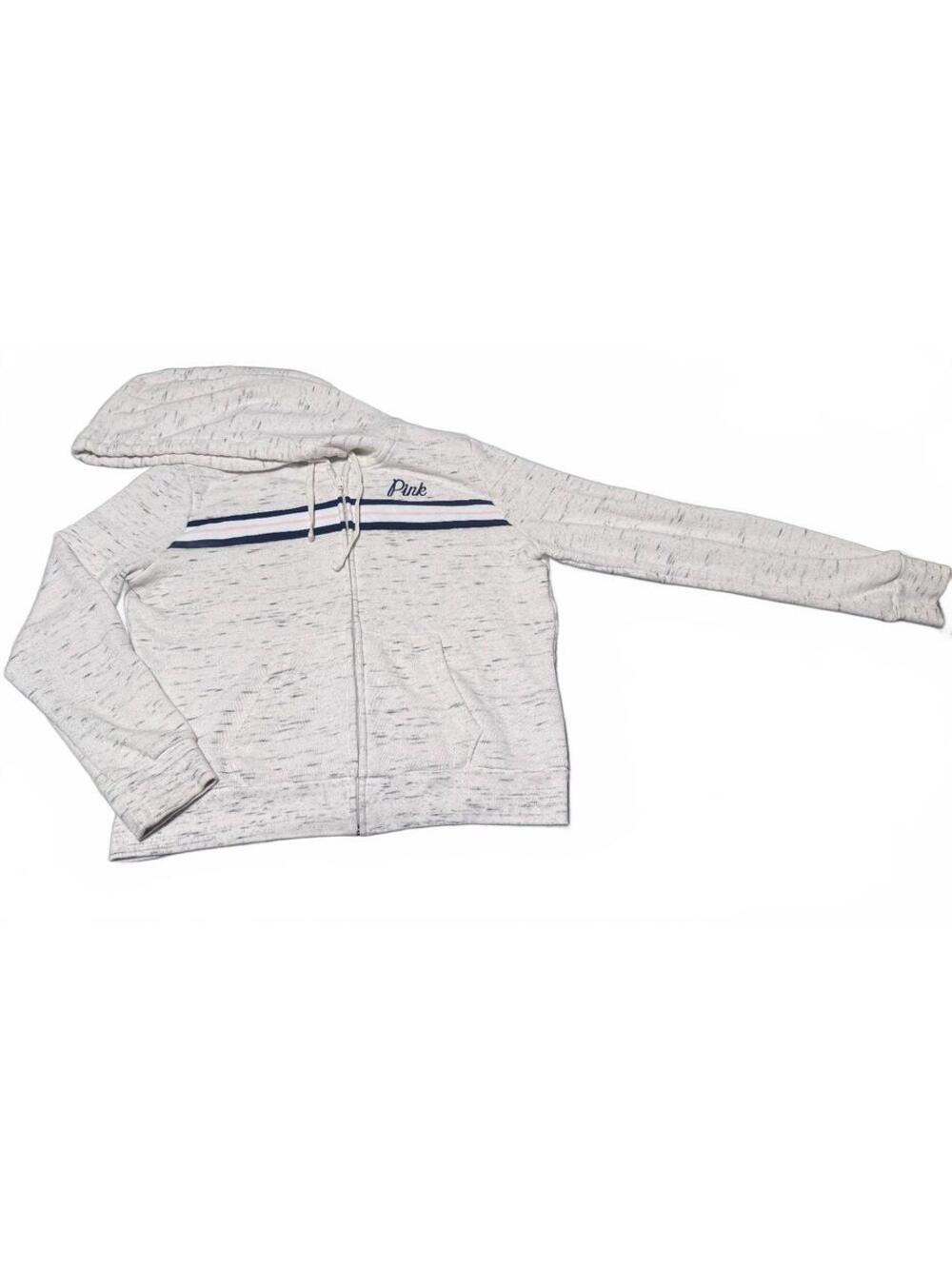 Victoria's Secret Pink Perfect Full Zip Hoodie Cream Navy Blue Logo L